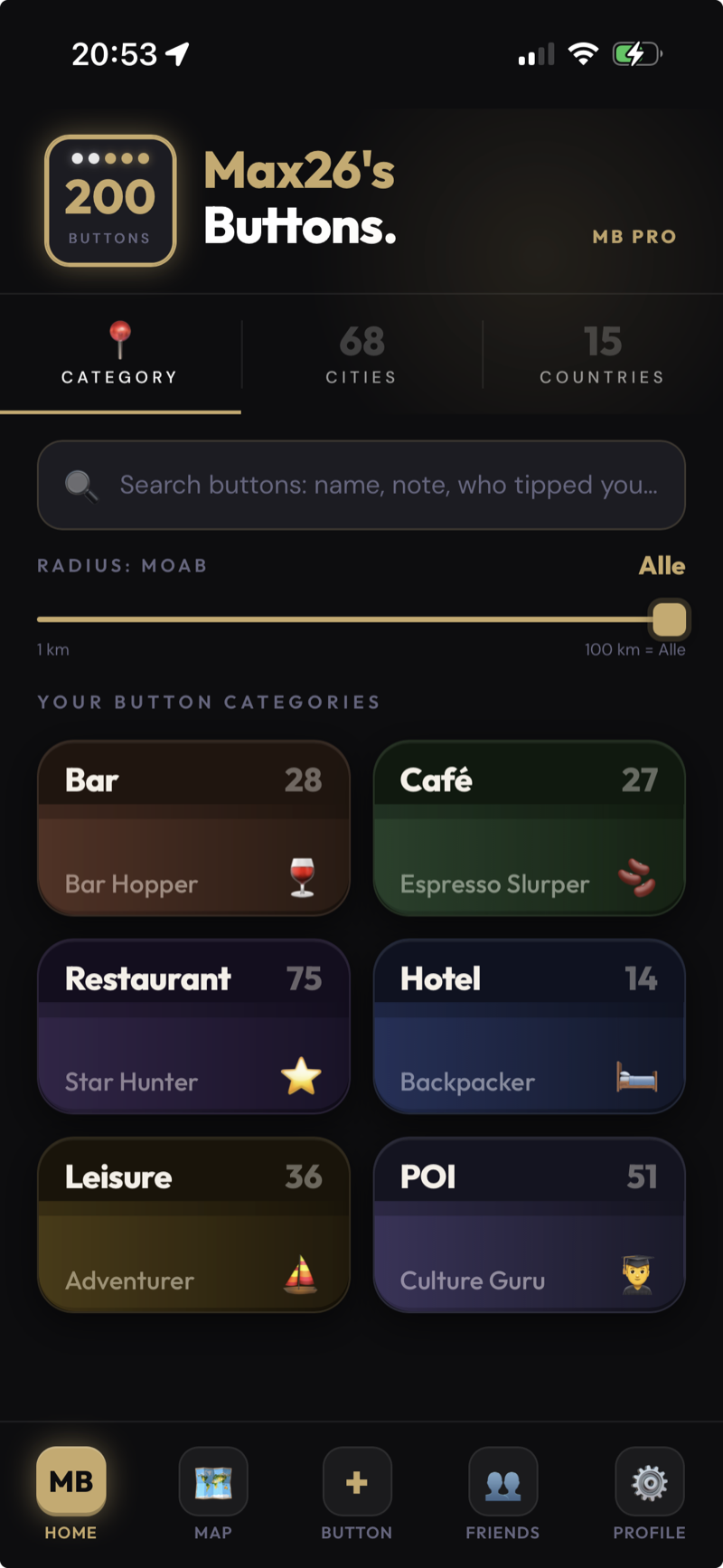 MindButton — Home mit Kategorien und Status
